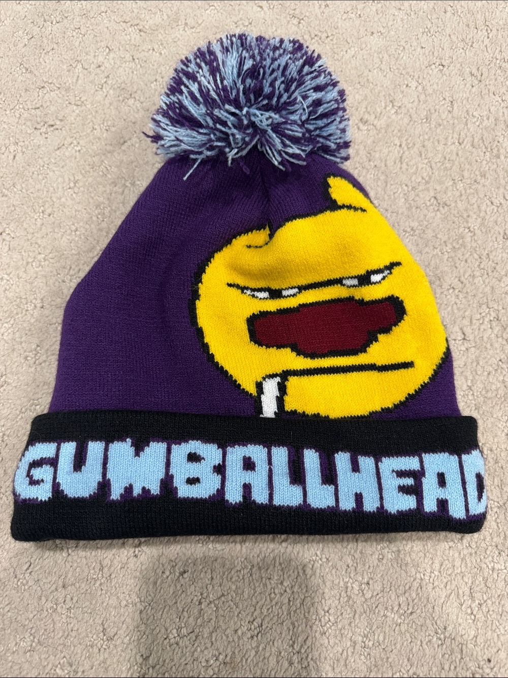 Gumballhead Purple Pom Knit Beanie with Yellow Character Graphic